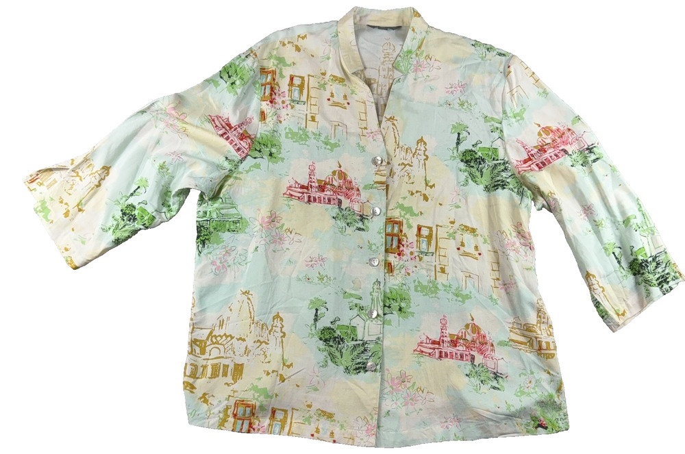 What If XL Pastel Cityscape Toile Shirt Artsy Architectural Print Cottagecore